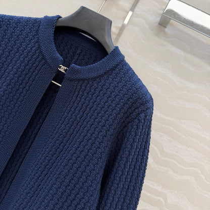 Chanel 26c Rhinestone Buckle Belt Cardigan Blue Wool 333721