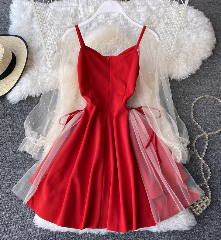 2025 Puff Sleeve V-Neck Low-cut Mesh Beaded A-Line Skirt Short Sleeve Slim Waist Midi Dress R0409