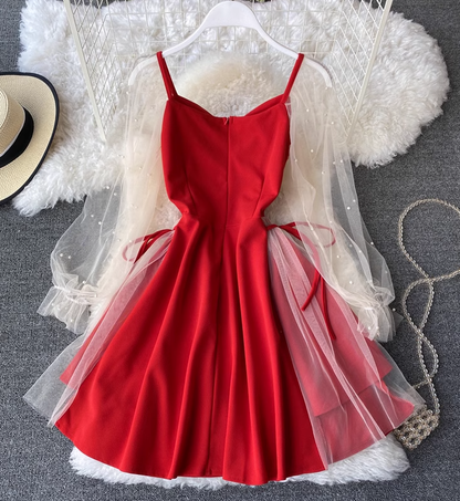 2025 Puff Sleeve V-Neck Low-cut Mesh Beaded A-Line Skirt Short Sleeve Slim Waist Midi Dress R0409