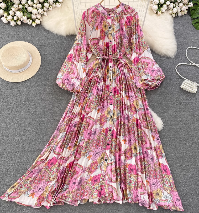 Light luxury temperament lantern long sleeve round neck waist single breasted print elegant dress R0403