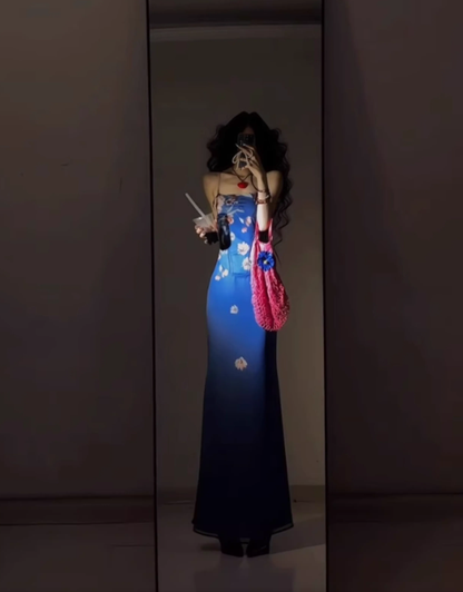 Retro blue floral dress sexy waist slim hip suspender skirt R0640