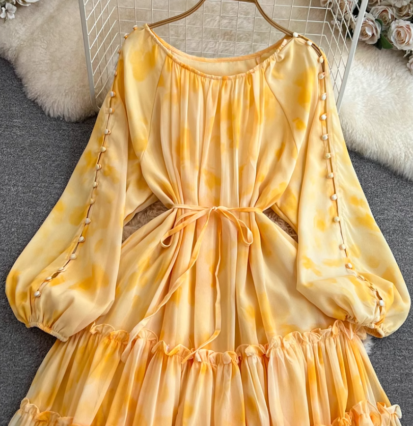 Gentle style lady temperament long sleeve low round neck waist medium length A-line printed dress R0392