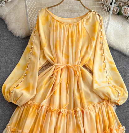 Gentle style lady temperament long sleeve low round neck waist medium length A-line printed dress R0392