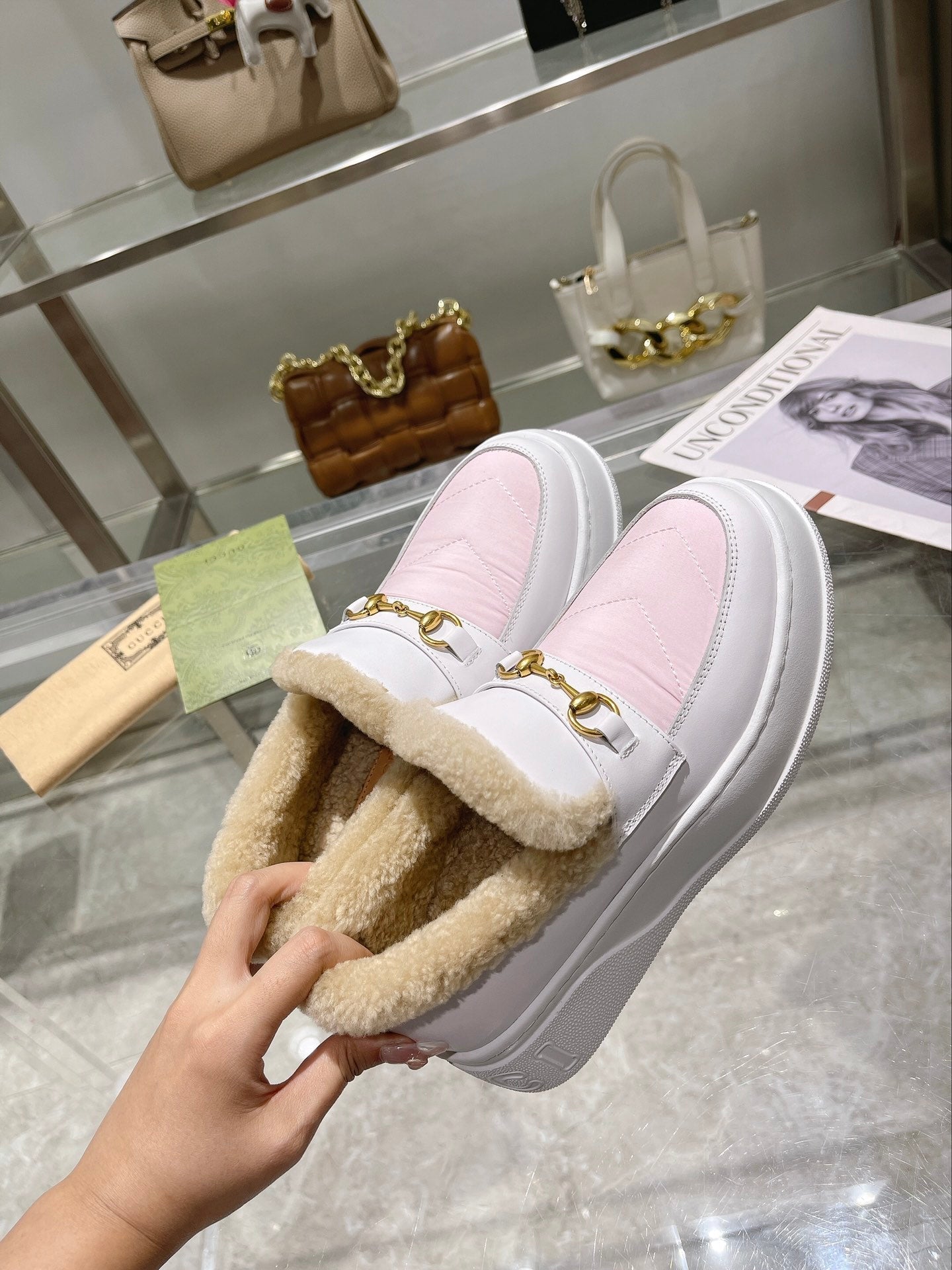 GG Snow Boots White Pink Calfskin Wool 576241