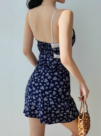 French retro floral suspender dress with slim waist and lace short skirt R2858