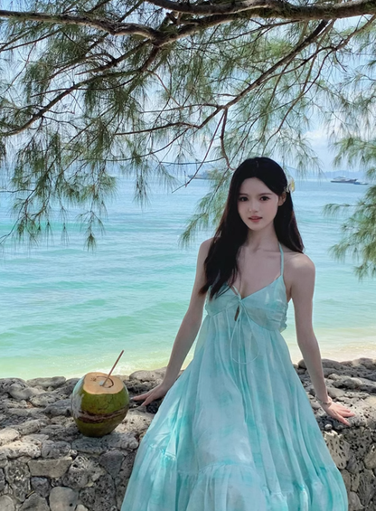 Mint Mambo Beach Resort Dress Halter Neck Dress Temperament Swing Skirt R0209
