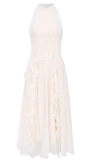 French style white sleeveless halter dress with gentle temperament, ruffled waist and slimming A-line long skirt R0433