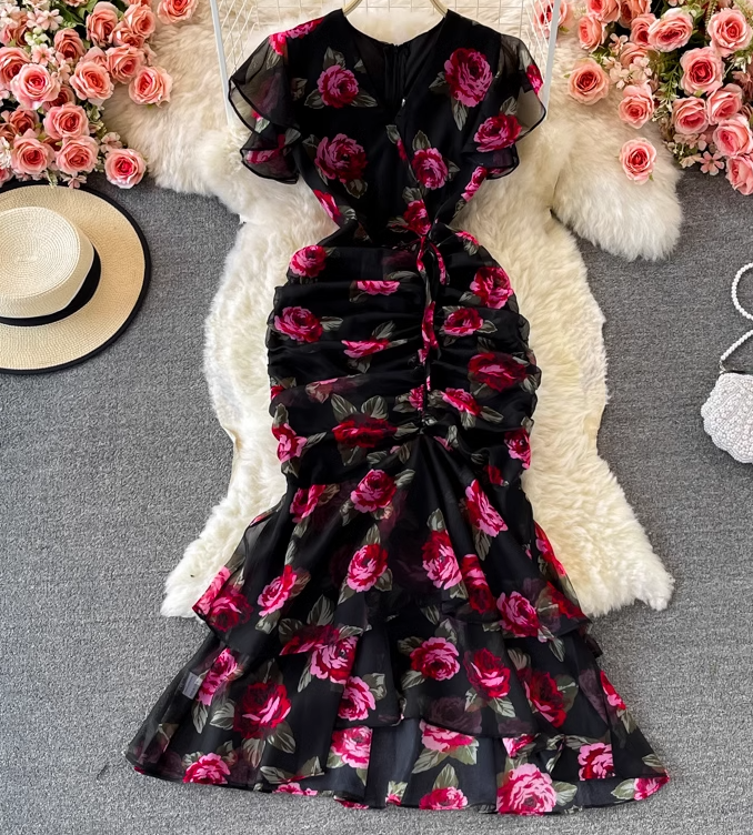 Ruffled waist slimming temperament lady V-neck hip fishtail chiffon dress fashionable dress skirt R0370
