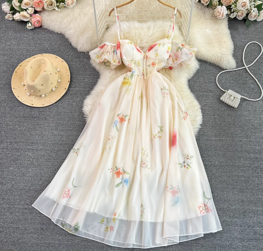 Tube Top Suspender Dress French Lady Style Waist Slimming Medium Length A-Line Printed Dress R0325