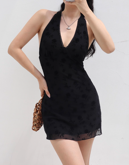 American sexy girl hanging neck camisole dress slimming black mesh short skirt R2872