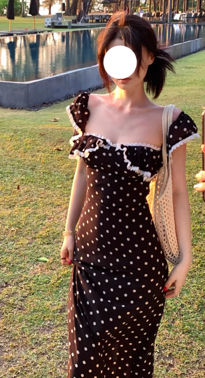 Tea break French retro polka dot dress 2025 new holiday slim temperament long dress R0041
