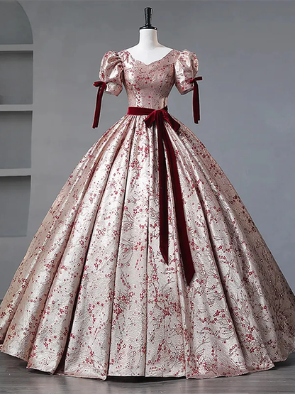 Floral Princess Gown with Burgundy Bows and Puff Sleeves Long Prom Dress Party Dress