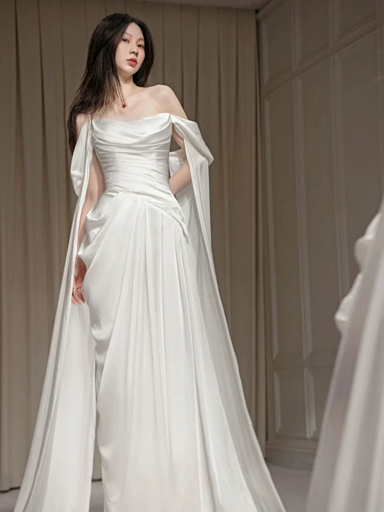 White long evening gown off shoulder birthday party dress   S6833