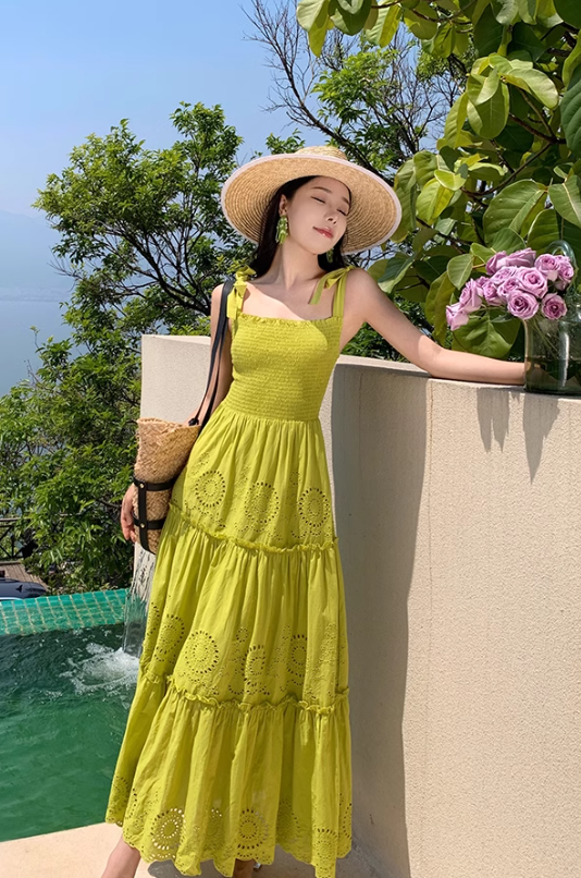 Bohemian holiday long dress elastic square neck slim waist embroidered ruffled suspender dress R0206