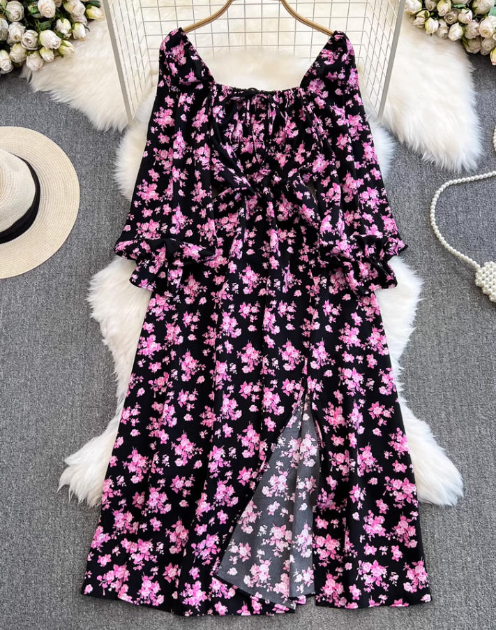 Gentle style long sleeves square neck waist slimming slit A-line print dress elegant long skirt R0355