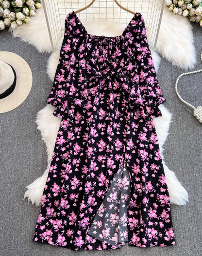 Gentle style long sleeves square neck waist slimming slit A-line print dress elegant long skirt R0355