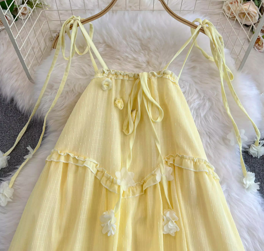 Gentle forest style fairy yellow suspender dress for women new style temperament loose slim long skirt R0332