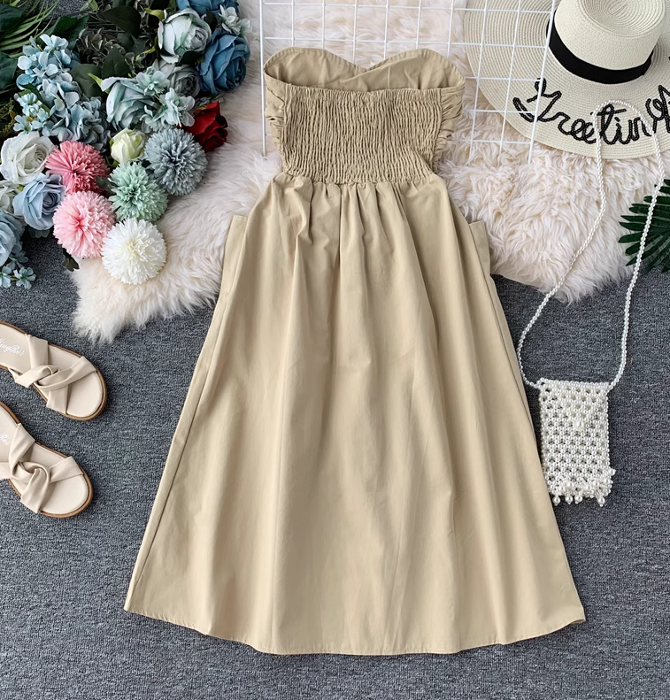 Dress women 2025 new sexy tube top waist off-shoulder solid color mid-length skirt all-match skirt R0367