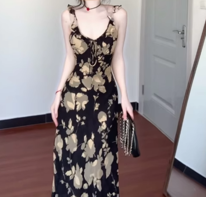 Retro floral suspender dress gentle temperament waist slim hip skirt R0649