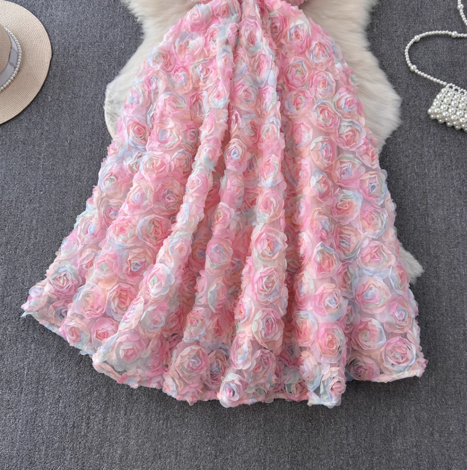 New three-dimensional mesh flower dress design with heavy waist and slim pink dress long skirt R0334