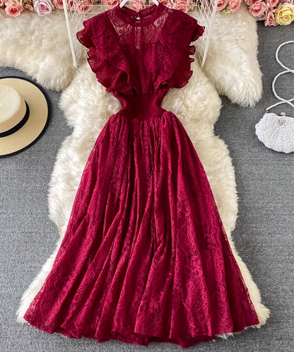Lace round neck dress long sleeves fashionable slim fit elegant ruffled long skirt dress skirt R0396