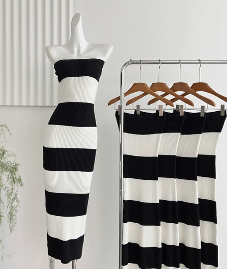 Fashion new black and white knitted striped long one-shoulder waisted hip-wrapped tube top dress R0267