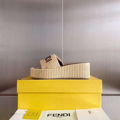 FF Sunshine 65 Beige Cotton Brown Leather Fibre Flatform Slide