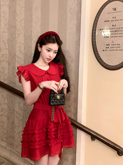 Red doll collar Tencel small flying sleeve dress summer French temperament slim skirt R4783