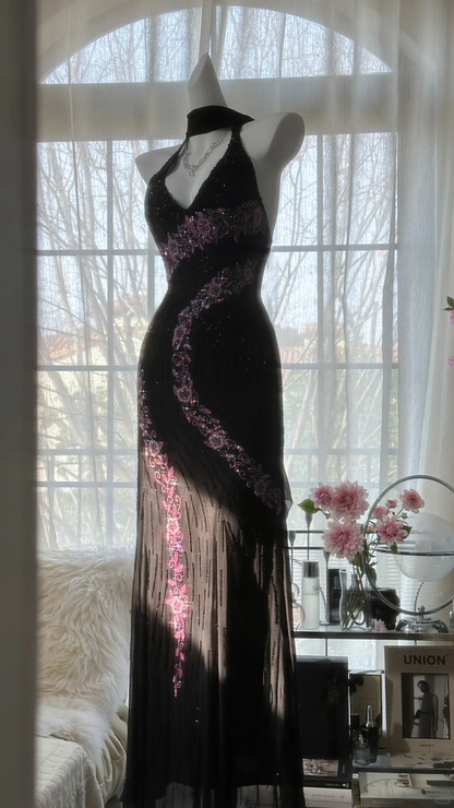 Retro Black V-neck Applique Design Romantic Chiffon Evening Dress Prom Dress  D1509