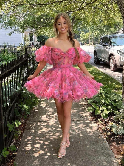 Pink floral one-shoulder waist princess tutu homecoming dress R3066