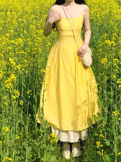 Travel wear women's yellow suspender dress gentle temperament super beautiful waist skirt R0437