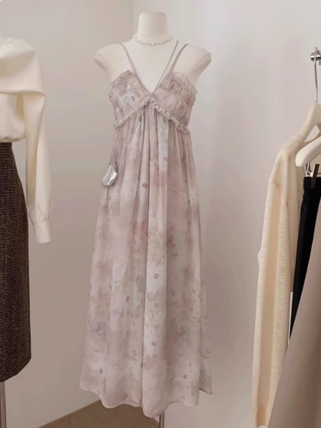 Small fresh French first love long skirt pure desire sweet style floral suspender sleeveless dress R0255
