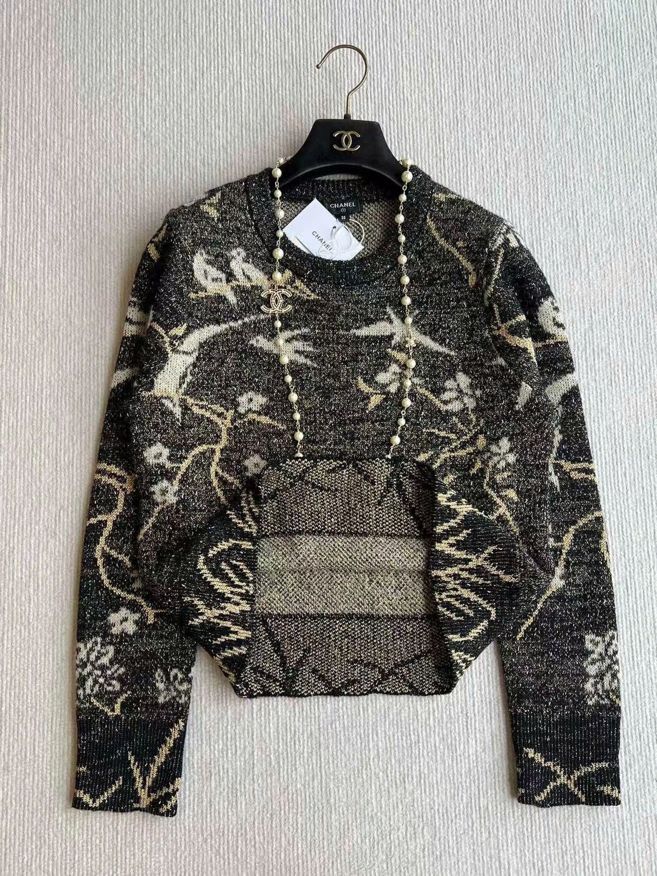 CC Sweater in Navy Blue Gold Wool and Metal Film
