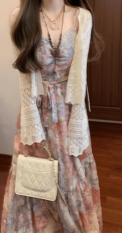 Retro floral suspender dress gentle temperament waist A-line long skirt R0785