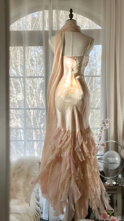 Vintage Mermaid Beaded Floral Design Romantic Chiffon Evening Dress Prom Dress D1512