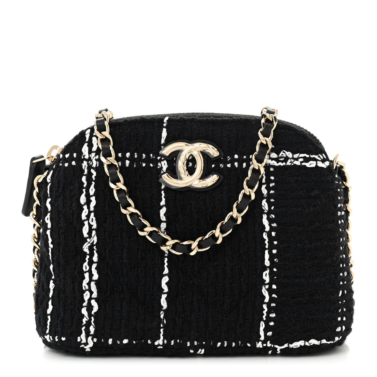 Tweed Quilted Mini Clutch With Chain Black White