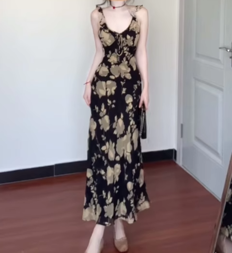 Retro floral suspender dress gentle temperament waist slim hip skirt R0649