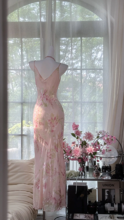 Retro Pink Floral Spaghetti Strap Romantic Chiffon Evening Dress Prom Dresses, D1461