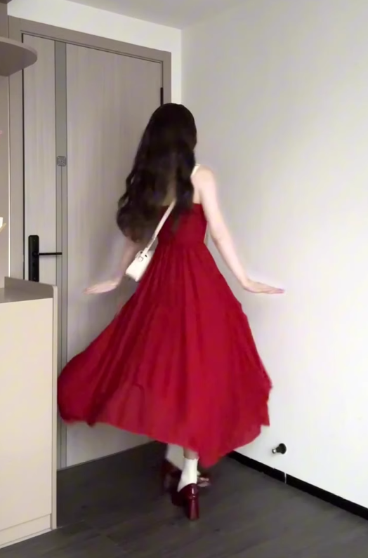 French retro red three-dimensional flower sling dress seaside holiday waist temperament long skirt R0428