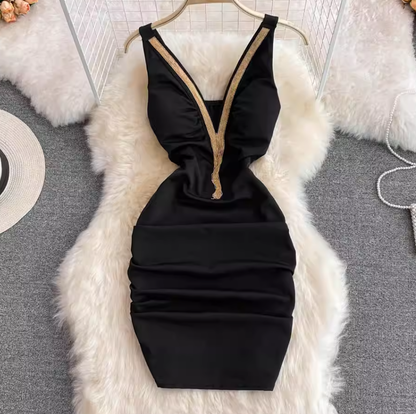 Fashionable slim fit sexy V-neck low-cut slit irregular sleeveless slim fit short hip dress R0369