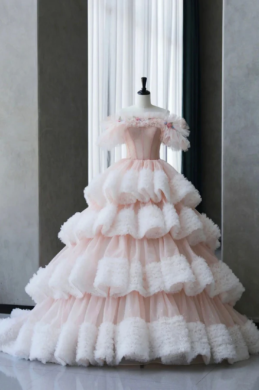 Classy Off The Shoulder Tulle Pleated Tiered Ball Gown Sweet Quinceanera Dress cc1771