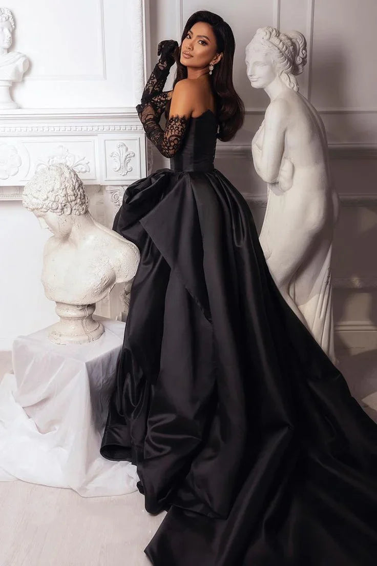 Retro Black Sweetheart Irregular Ruffle Hem Lace Gloves Design Elegant A-Line Satin Evening Dress Prom Dress D1605