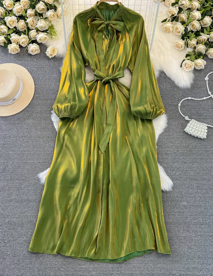 High-class lady temperament long-sleeved bow tie waist slimming A-line shiny sequin dress R0388