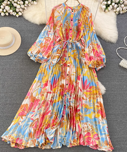 Light luxury temperament lantern long sleeve round neck waist single breasted print elegant dress R0403