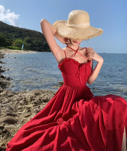 Photo-taking temperament romantic red rose lace-up large waist slimming suspender dress R0188