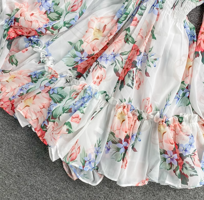 Holiday one-shoulder off-shoulder printed chiffon jumpsuit skirt super fairy wide-leg pants jumpsuit R0380