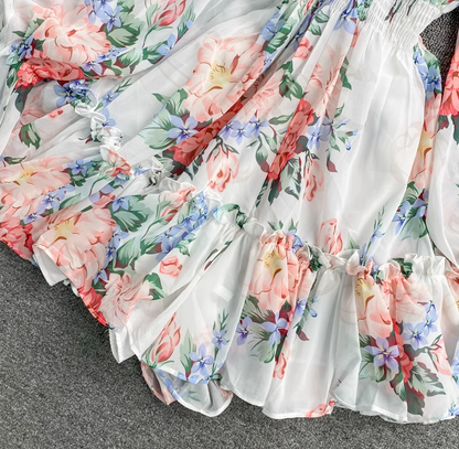Holiday one-shoulder off-shoulder printed chiffon jumpsuit skirt super fairy wide-leg pants jumpsuit R0380