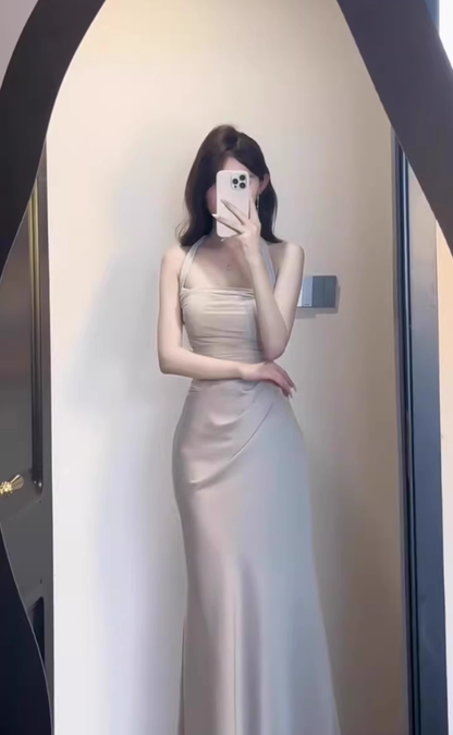 French style mesh hollow off-shoulder halter dress high-grade acetate satin waist slim hip skirt summer R0432