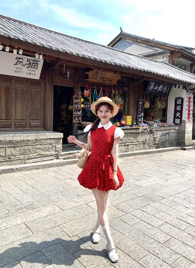 Red doll collar polka dot short-sleeved dress women's summer temperament skirt R4620