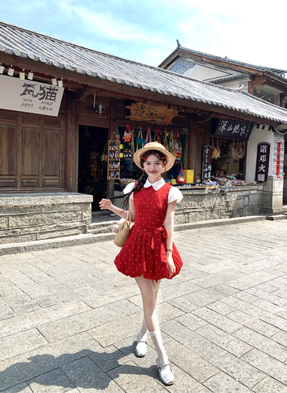 Red doll collar polka dot short-sleeved dress women's summer temperament skirt R4620